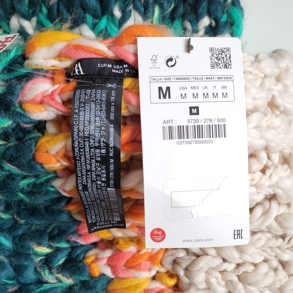 New Zara Colorblock Oversized Chunky Textured Fringe Scarf & Pom Pom Beanie Set - Picture 16 of 17